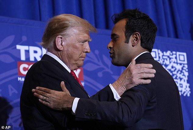 Trump and Vivek hugged at a campaign event in New Hampshire, a day after the Iowa caucus, which Trump won handily.  Ramaswamy retired after finishing fourth and immediately supported the former president