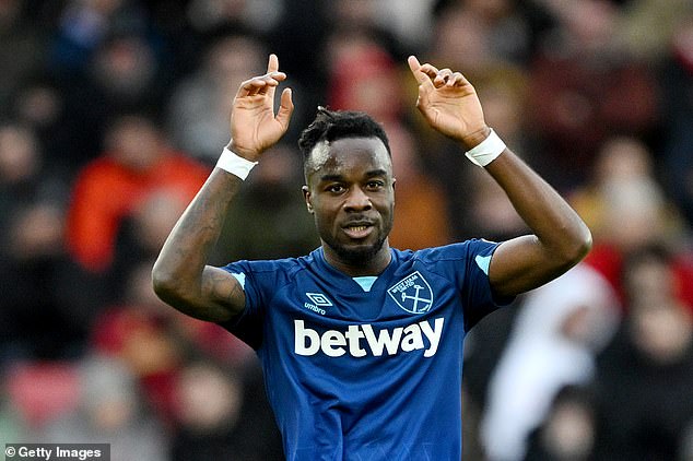 Maxwel Cornet celebrates after his goal gave West Ham the lead against Sheffield United