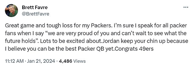 Favre shared a post on X after the Packers' 24-21 loss to the San Francisco 49ers