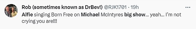 Fans were quick to take to X - formerly known as Twitter - to say they were brought to tears during Alfie's incredible performance