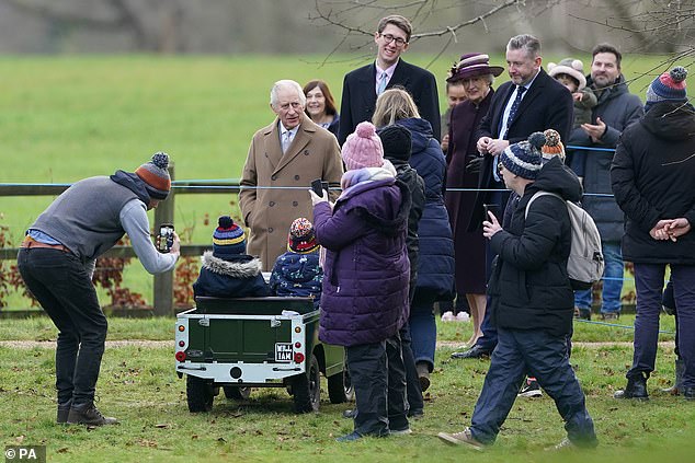 The King appeared in good spirits after leaving the service and spoke to Simon and Georgina Ward and their sons William and Oliver