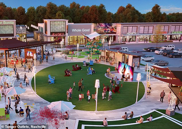 Green spaces for sitting and gathering are standard in many modern open-air shopping center proposals.  Pictured is a rendering of a proposed outdoor shopping center in Nashville, Tennessee