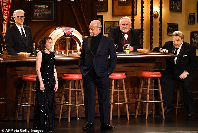 The television star made a big appearance on the Emmys stage on Monday when former cast members Ted Danson (Sam Malone), Rhea Perlman (Carla Tortelli), Kelsey Grammer (Frasier Crane) and John Ratzenberger (Cliff Claven) appeared on a replica of the Boston series of the show.  bar set