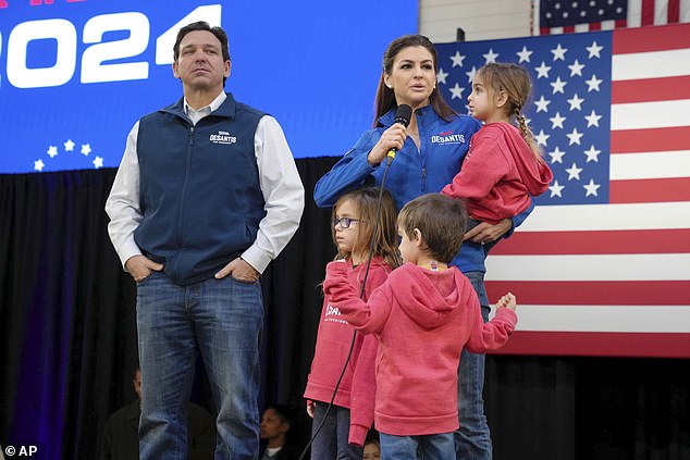 DeSantis' young family accompanied him for most of his campaign time.  Pictured: Ron, Casey, Madison, six, Mason, five, and Mamie, three, appear on stage together at a campaign event in Myrtle Beach, South Carolina on Saturday, January 20, the day before Governor DeSantis withdrew from the race