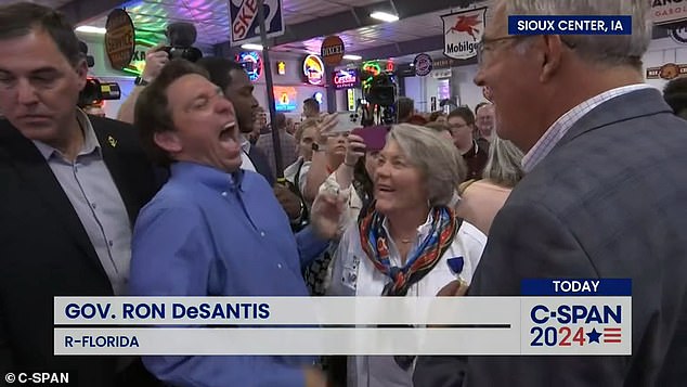 Florida Governor Ron DeSantis smiles during a campaign stop in Iowa ahead of his official presidential campaign announcement in April.  DeSantis' awkward attitude on the campaign trail became one of the prevailing stories about his failed 2024 campaign