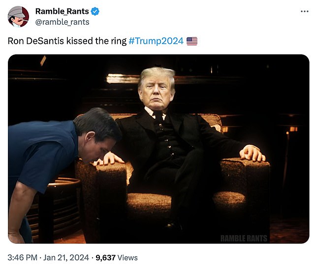 In an image that portrays Trump as The Godfather, DeSantis is seen pledging his loyalty to him