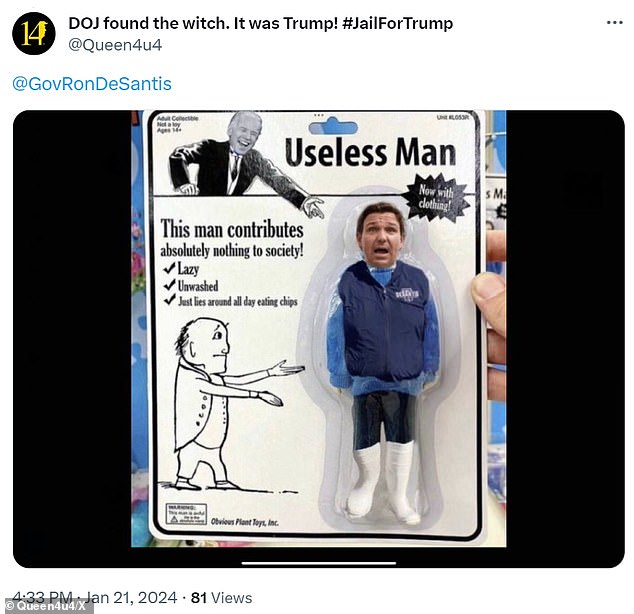 One meme depicted DeSantis as a plastic toy called “Useless Man” as a laughing Joe Biden looked on