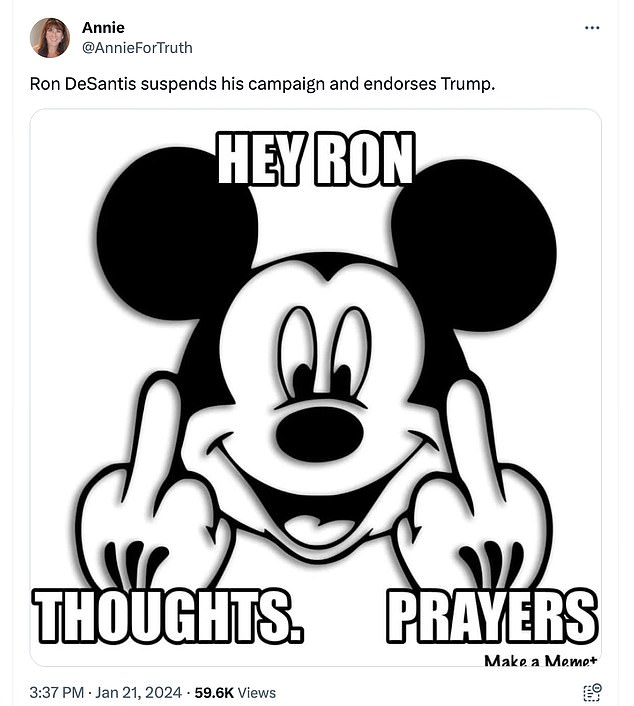 Mocking DeSantis' hatred of Disney turned the tables as the cartoon character reacted to him being cut in this meme