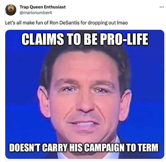 This meme ridiculed the Florida governor's pro-life stance.  DeSantis has said he would support a federal ban on abortion after 15 weeks of pregnancy