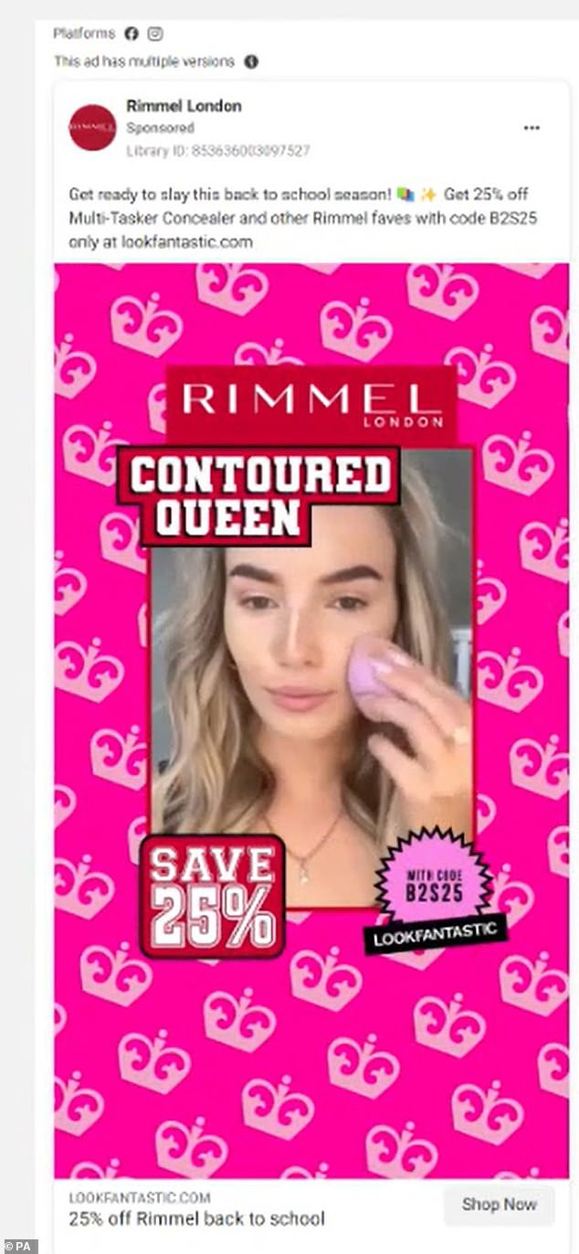 The Facebook ad, seen on September 9, read: “Get ready to slay this back-to-school season.  Receive 25% off Multi-Tasker Concealer and other Rimmel favorites...'