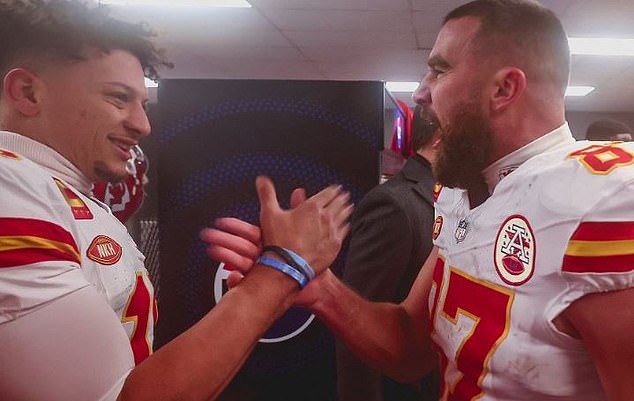 Travis Kelce and Patrick Mahomes lead the celebrations in the Chiefs locker room