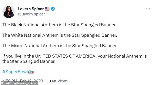 Lavern Spicer, who ran as the Republican nominee for Florida's 2022 House of Representatives election, expressed the idea that there should be only one national anthem for all Americans.