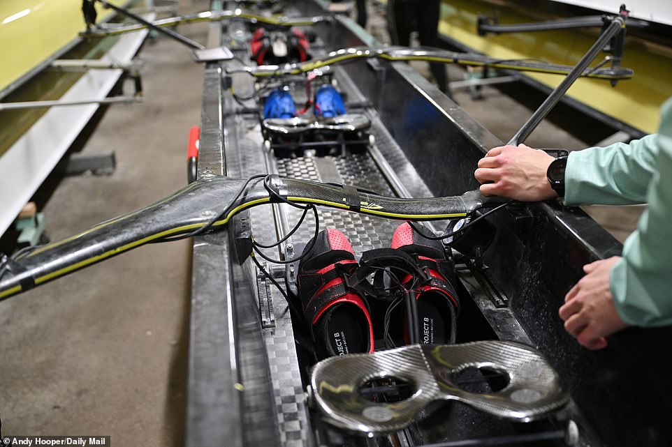 A close-up of the eight-man boat that crew members will use for the Gemini Boat Race in March