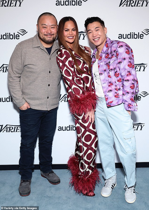 She also posed for photos with her co-host Chang and Joel Kim Booster on the red carpet