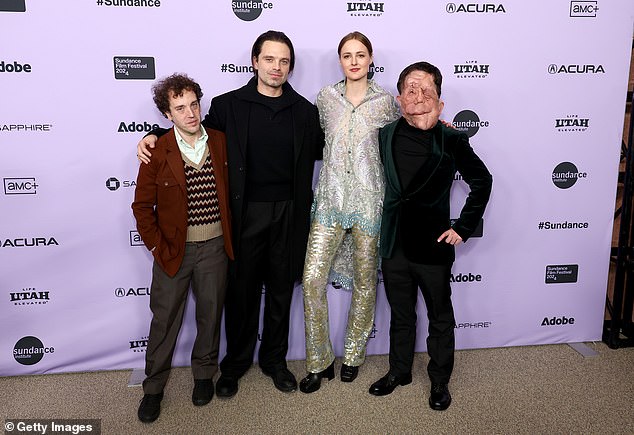 Aaron Schimberg, Sebastian Stan, Renate Reinsve and Adam Pearson attend the premiere of A Different Man at Sundance