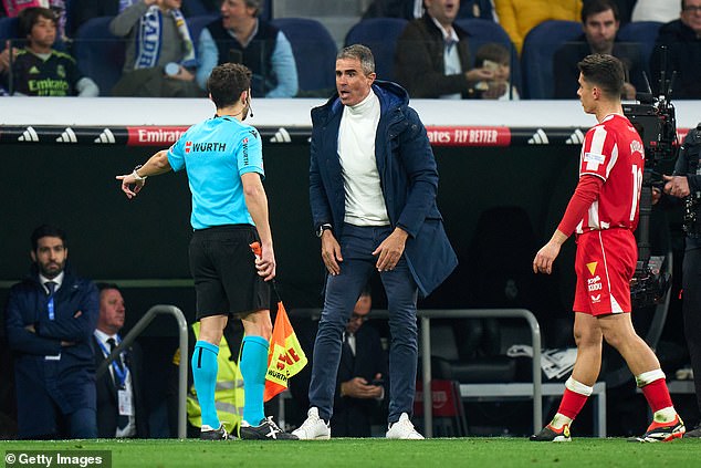 Almeira boss Gaizka Garitano was sent off in extra time for dissent after expressing his anger