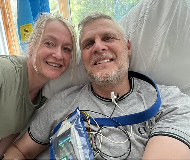 Close call: Steve Ware, 55, pictured with his wife Michelle, went into cardiac arrest minutes after arriving at hospital