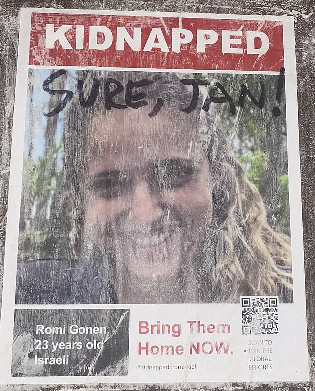 A poster of hostage Romi Gonen has been defaced with the sarcastic pop culture slur, 