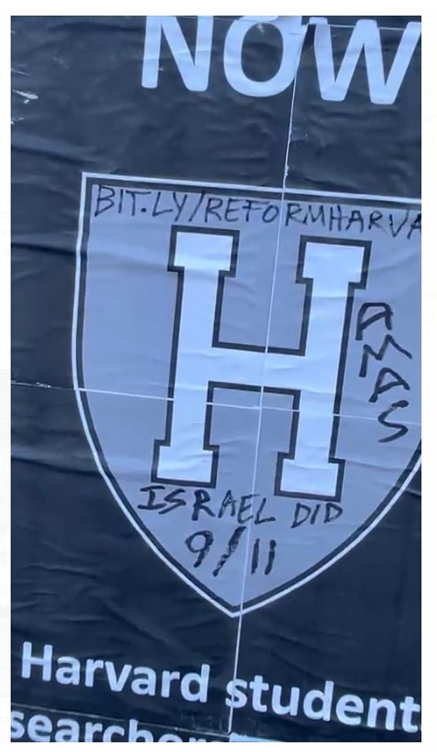 The Harvard 'H' will be changed to 'Hamas' on a sign in downtown Harvard Yard on Monday, January 22