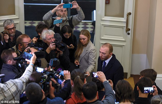 Daniil Berman, Darya Trepova's lawyer, speaks to journalists after a hearing in Saint Petersburg, Russia, January 22