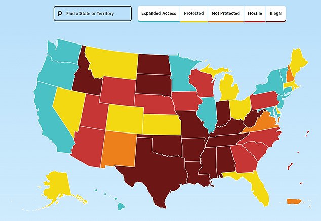 The map above assigns each state, territory, and the District of Columbia to one of five categories: Expanded Access, Protected, Unprotected, Hostile, and Illegal.  Most restrictions and total bans.  Abortion is protected by state law in 21 states and the District of Columbia and is at risk of being severely restricted or banned in twenty-six states and three territories