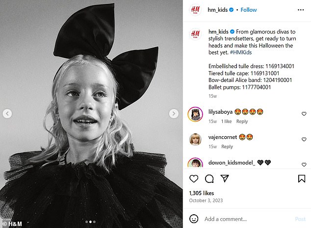 Another post on the H&M Kids page shows a little girl dressed all in black when the company plugged its Halloween range in October