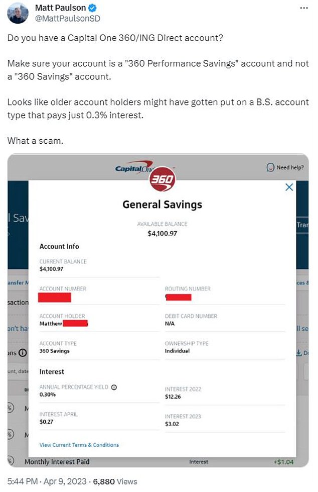 One 360 ​​Savings account holder shared a screenshot of Capital One's online portal showing that his deposits were earning just 0.3 percent interest