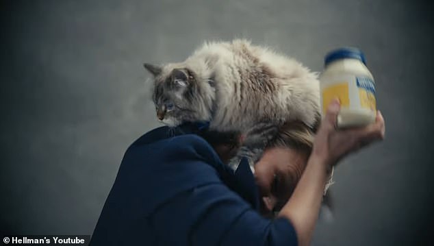 The commercial ended after Mayo Cat sat on the artist's lap and posed for a few photos