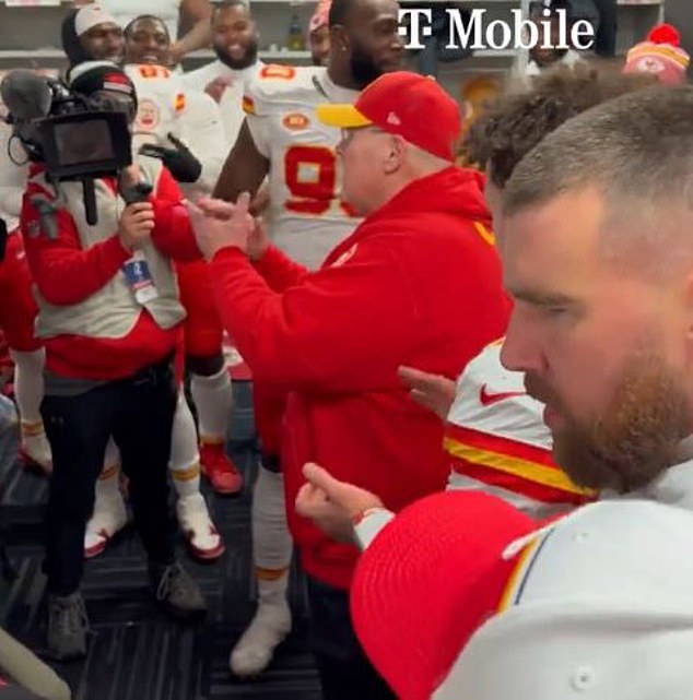 Reid was much calmer than Kelce or Mahomes when speaking to his team after the win