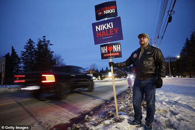 Chris Banks, a supporter of Republican presidential candidate Nikki Haley, stands across the street from the Margate Resort where Donald Trump was scheduled to appear