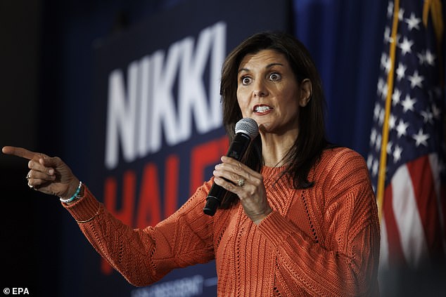 Former U.N. Ambassador Nikki Haley won all six votes cast in Dixville Notch at midnight Tuesday morning.  Pictured: Haley speaks with supporters in Salem, New Hampshire, on Monday, January 22