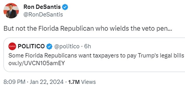 DeSantis made clear in a tweet that he would not approve such funds, pushing back efforts by some Florida Republicans to pass the bill.