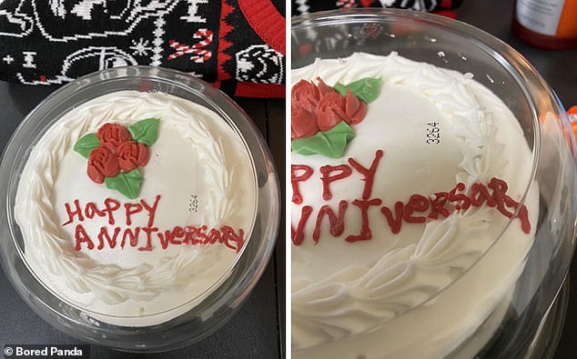 Apparently the baker was surprised when the customer tried to return this 'Happy Anniversary' cake and found the quality was perfectly fine