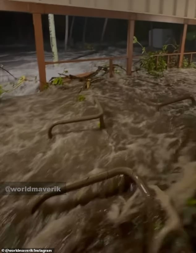 Large tree branches are seen caught in heavy waves breaking through the building on the island