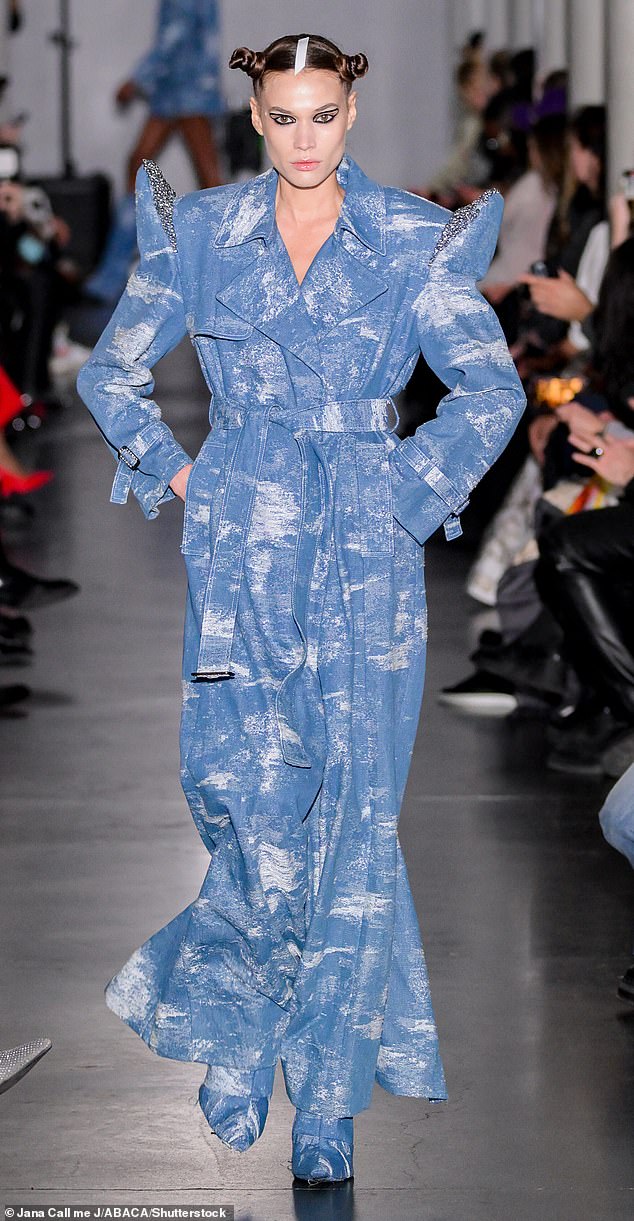 Light denim blues were also seen on the catwalk, including this theatrically oversized statement coat