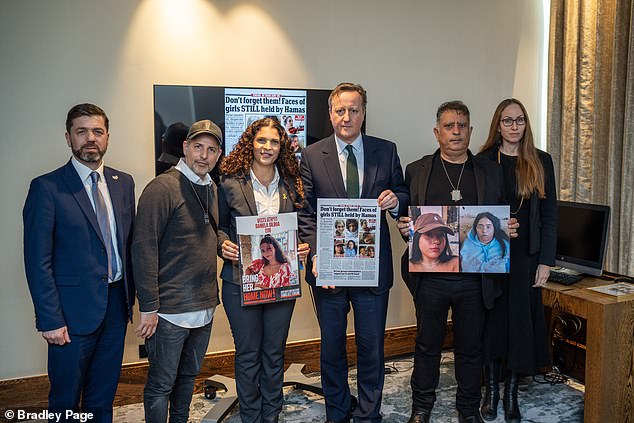 Pictured L-R: MP Stephen Crabb, Ran Gilboa, Orli Gilboa (parents of hostage Daniela Gilboa), Foreign Secretary David Cameron, Eli Albag - father of Liri, and media coordinator Gali Sheba