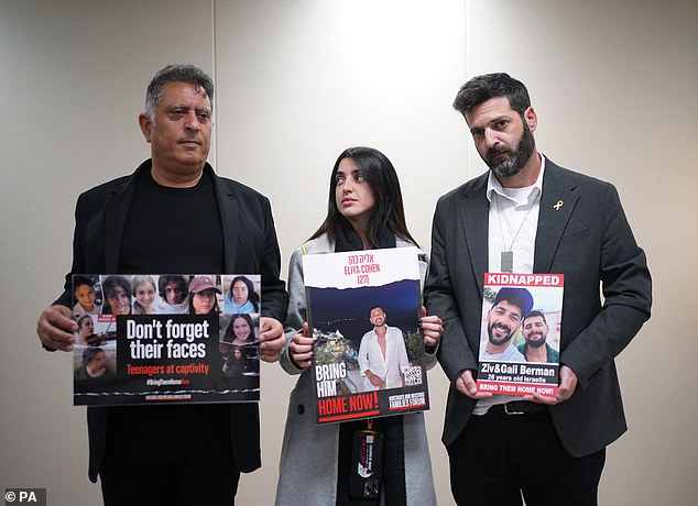 Relatives of people taken hostage by Hamas in Israel on October 7 (from left to right) Eli Albag, the father of 18-year-old Liri Albag, who was kidnapped from a bomb shelter near the border with Israel;  Ziv Abud, the girlfriend of 26-year-old Eliya Cohen who was kidnapped at the NOVA party in Reim, and Liran Berman, the brother of twins Ziv and Gali Berman who were kidnapped from their home in a kibbutz in Kfar Aza