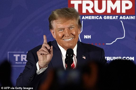 TOPSHOT - Republican presidential candidate and former US President Donald Trump gestures as he speaks during a rally in Laconia, New Hampshire, January 22, 2024. (Photo by TIMOTHY A. CLARY / AFP) (Photo by TIMOTHY A. CLARY/AFP via Getty Images)