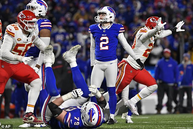 Buffalo Bills kicker Tyler Bass (2) watches his tying field goal attempt go wide