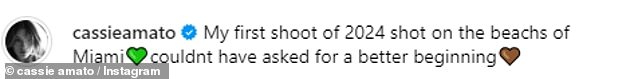 The model wrote: 'My first shoot of 2024, shot on the beaches of Miami, couldn't have asked for a better start'