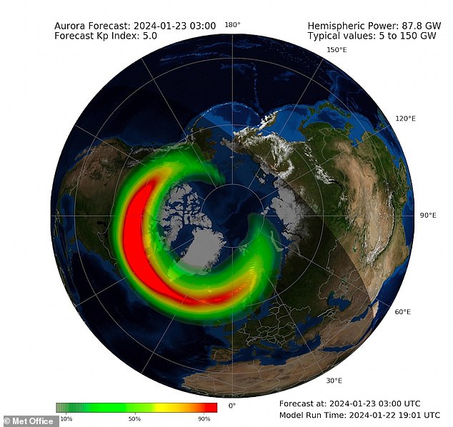 A Met Office animation shows the aurora oval - the ring-like range of polar activity that defines the range of the Northern Lights and where it will be most visible