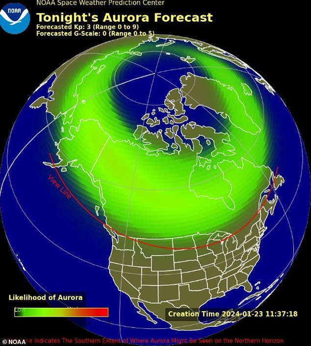 According to the US National Oceanic and Atmospheric Administration (NOAA), we are most likely to see the aurora over Canada and Alaska tonight.