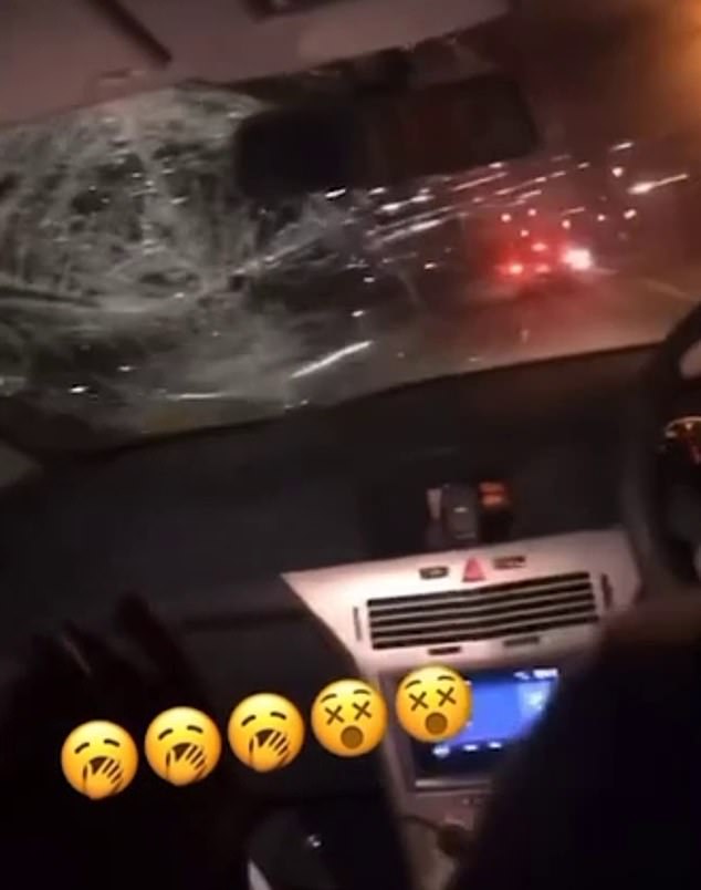 The video shows the car hitting a cyclist and then shattering the passenger side windshield