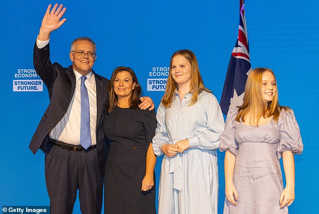 Then-Australian Prime Minister Scott Morrison is pictured with his wife Jenny Morrison and their children Lily and Abbey in May 2022