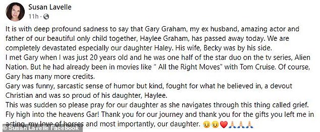 His ex-wife Susan Lavelle announced the sad news on Facebook on Tuesday with a touching tribute, writing: 'It is with deep sadness to say that Gary Graham, my ex-husband, wonderful actor and father of our beautiful only child together, Haylee Graham, passed away today'