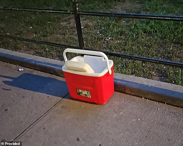 In the photo: the cooler, filled with soda cans, that Sergeant Duran allegedly threw at Dupre