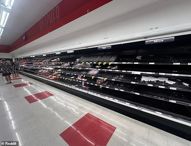 Damaged supply routes have led to food shortages in Australia's north, with Darwin residents frustrated by the lack of meat available at their local Coles (above)