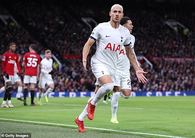 Richarlison celebrates after scoring against Man United in a 2-2 draw at Old Trafford