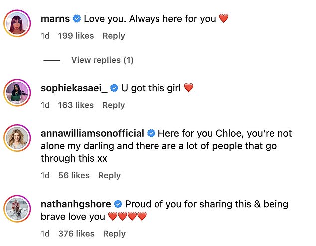 Her fellow Geordie Shore friends flocked to the comments to support the beauty, with Marine Simpson writing: 'I love you.  Always here for you.'