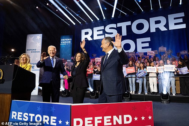 The interruptions came during an event where Biden and speakers took aim at Donald Trump